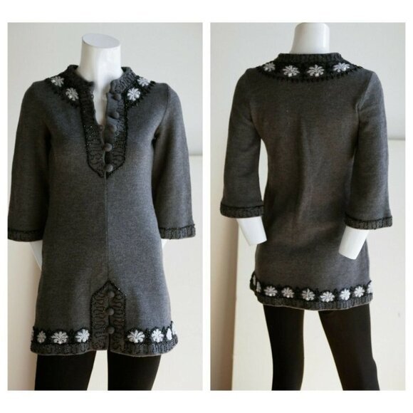 Vintage A line Wool Knit Beaded Floral Tunic  or Mini Dress XS/S - Picture 1 of 12